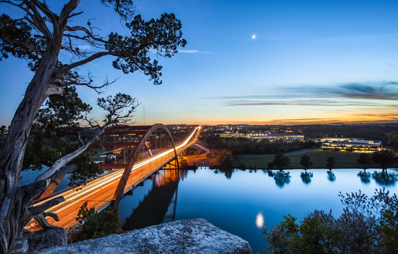 Photo wallpaper bridge, the city, lights, river, the moon, the evening, excerpt, USA