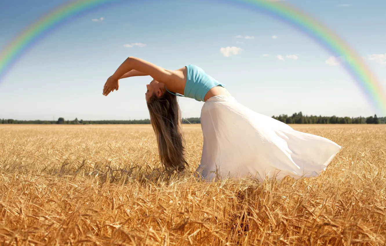 Photo wallpaper wheat, field, the sky, leaves, girl, trees, nature, pose