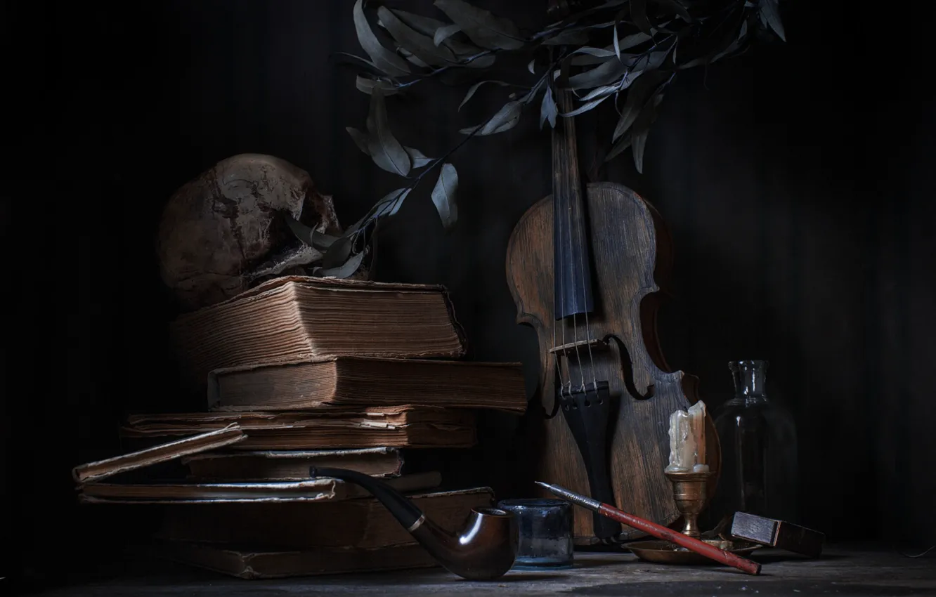 Photo wallpaper violin, books, skull, tube, still life, candle