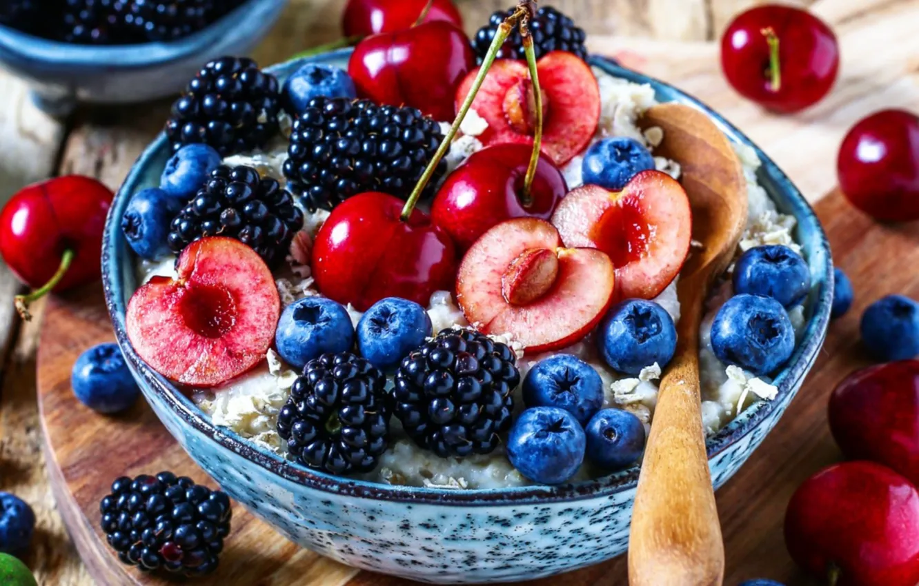 Photo wallpaper cherry, BlackBerry, blueberries, oatmeal