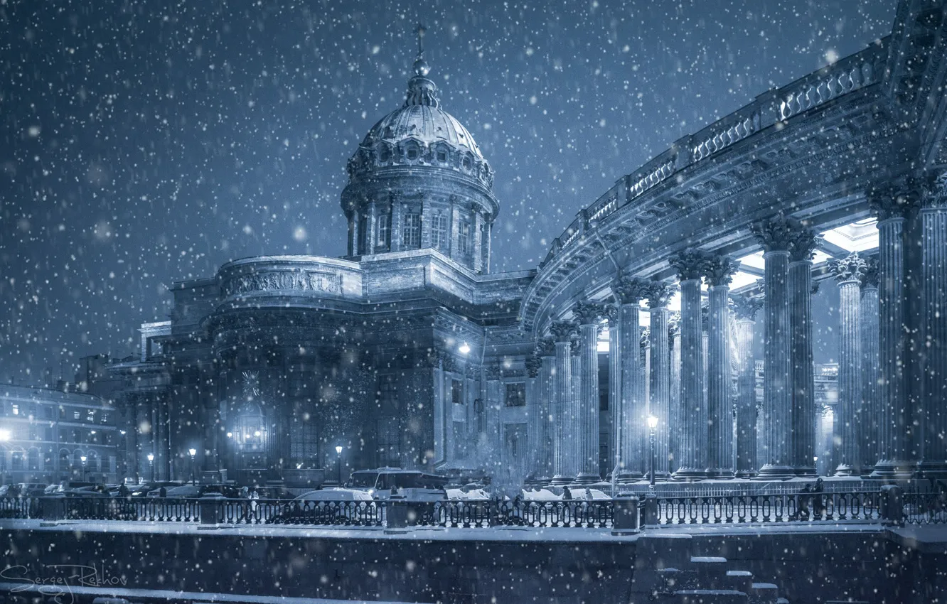 Photo wallpaper winter, snow, Saint Petersburg, temple, Russia, Kazan Cathedral, promenade, colonnade