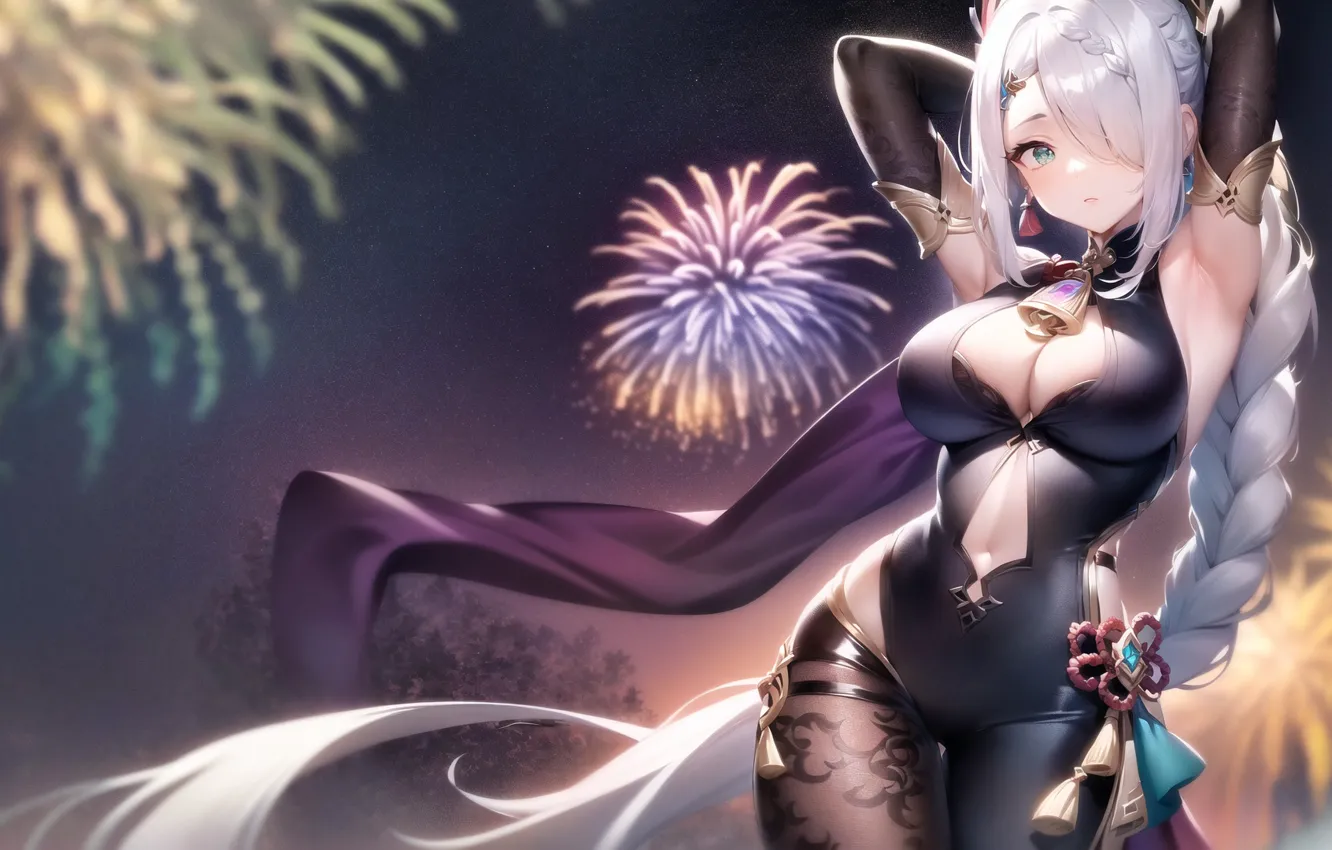 Photo wallpaper cleavage, solo, braids, white hair, Big boobs, armpits, hair over one eye, Shenhe