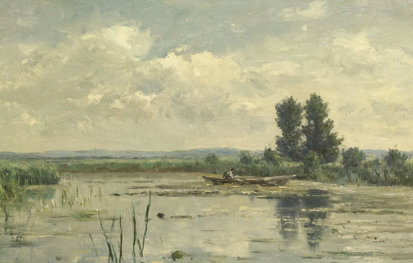 Photo wallpaper landscape, boat, oil, picture, Willem Roelofs, Lake in Loosdrecht