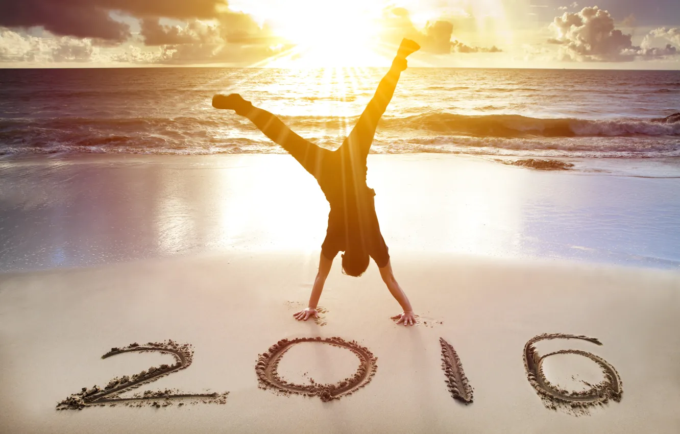 Photo wallpaper sand, beach, sunset, New Year, New Year, Happy, 2016