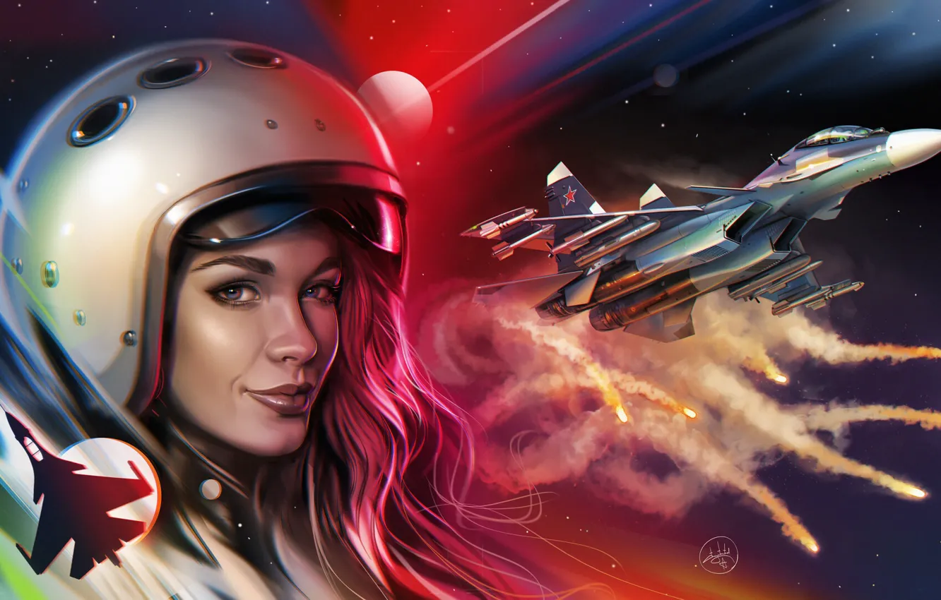 Photo wallpaper Girl, Look, The plane, Fighter, Helmet, Russia, Art, Aviation