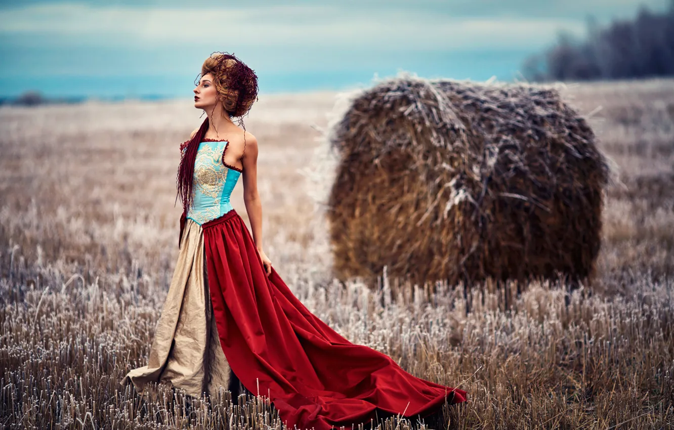 Photo wallpaper field, girl, dress, Alice Maximova, Russian winter