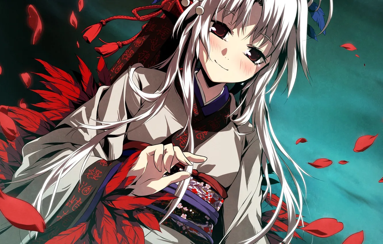 Photo wallpaper girl, feathers, petals, blush, kimono, game, yukata, g yuusuke
