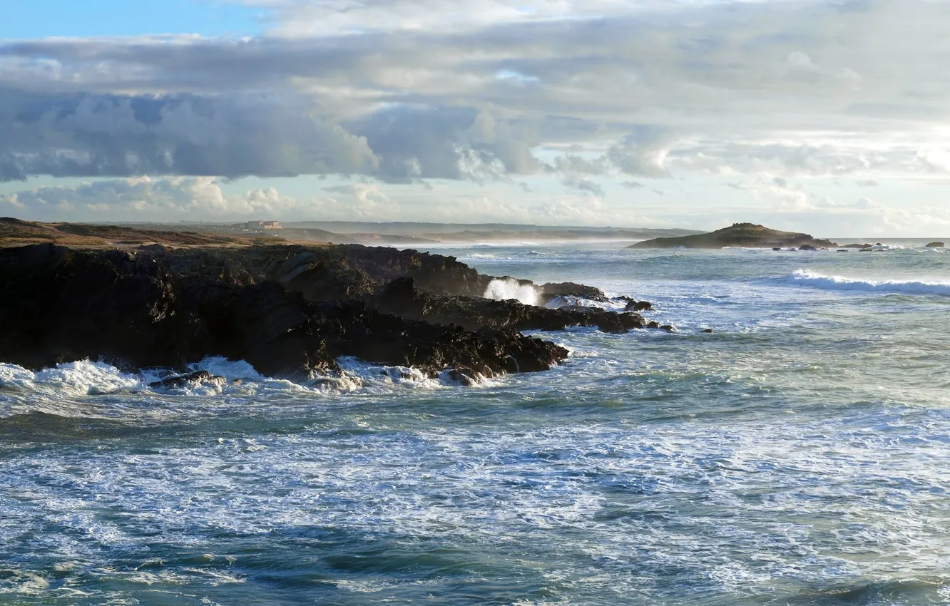 Photo wallpaper sea, wave, the sky, stones, shore, horizon