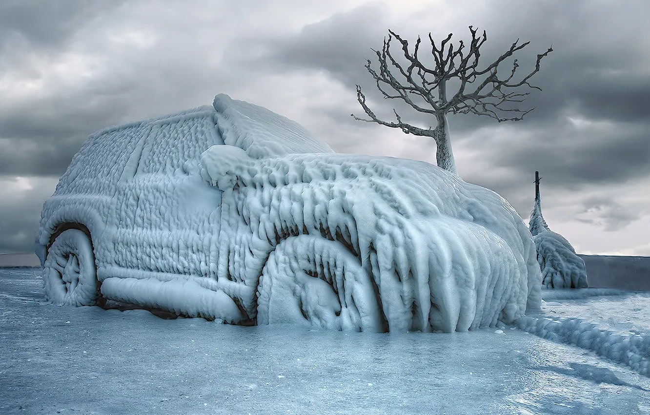 Photo wallpaper ice, winter, car, icing
