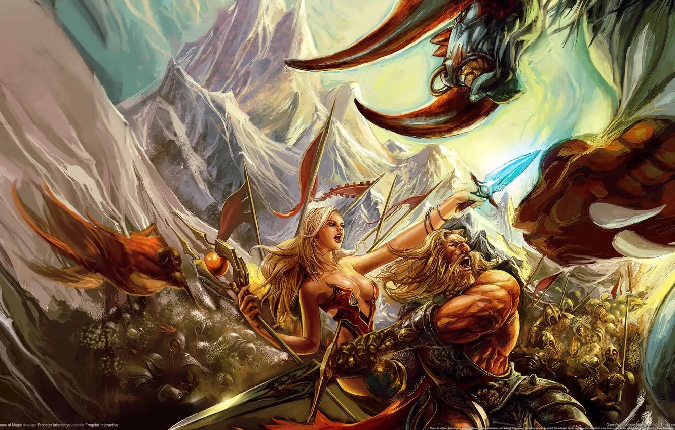 Photo wallpaper monster, warrior, sorceress, Runes of Magic, against, with a sword