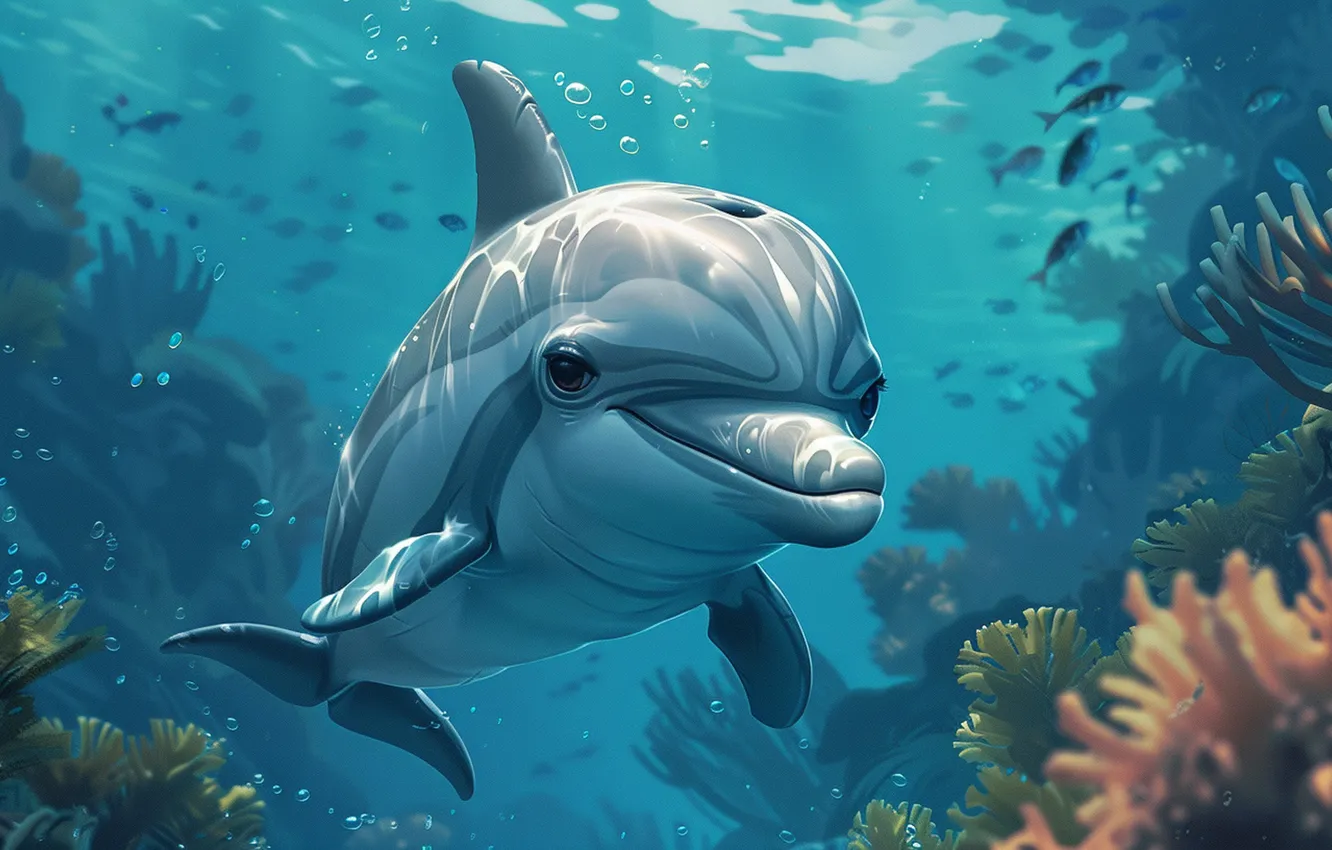Photo wallpaper fish, corals, dolphins, underwater world, digital art, AI art, The Art of Artificial Intelligence, neural …