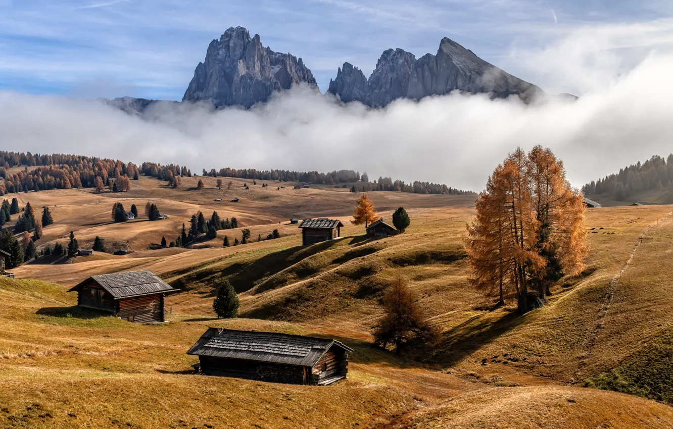 Photo wallpaper nature, Dolomite Alps, Foggy autumn