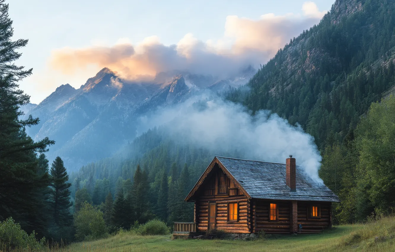 Photo wallpaper forest, the sky, clouds, mountains, nature, fog, glade, smoke