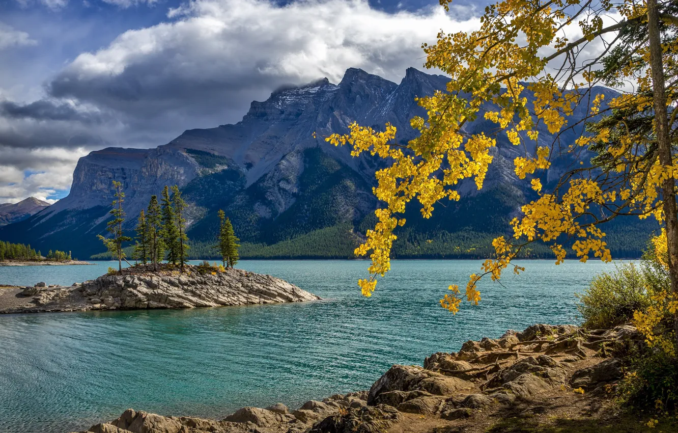 Photo wallpaper autumn, clouds, trees, landscape, mountains, nature, lake, Canada