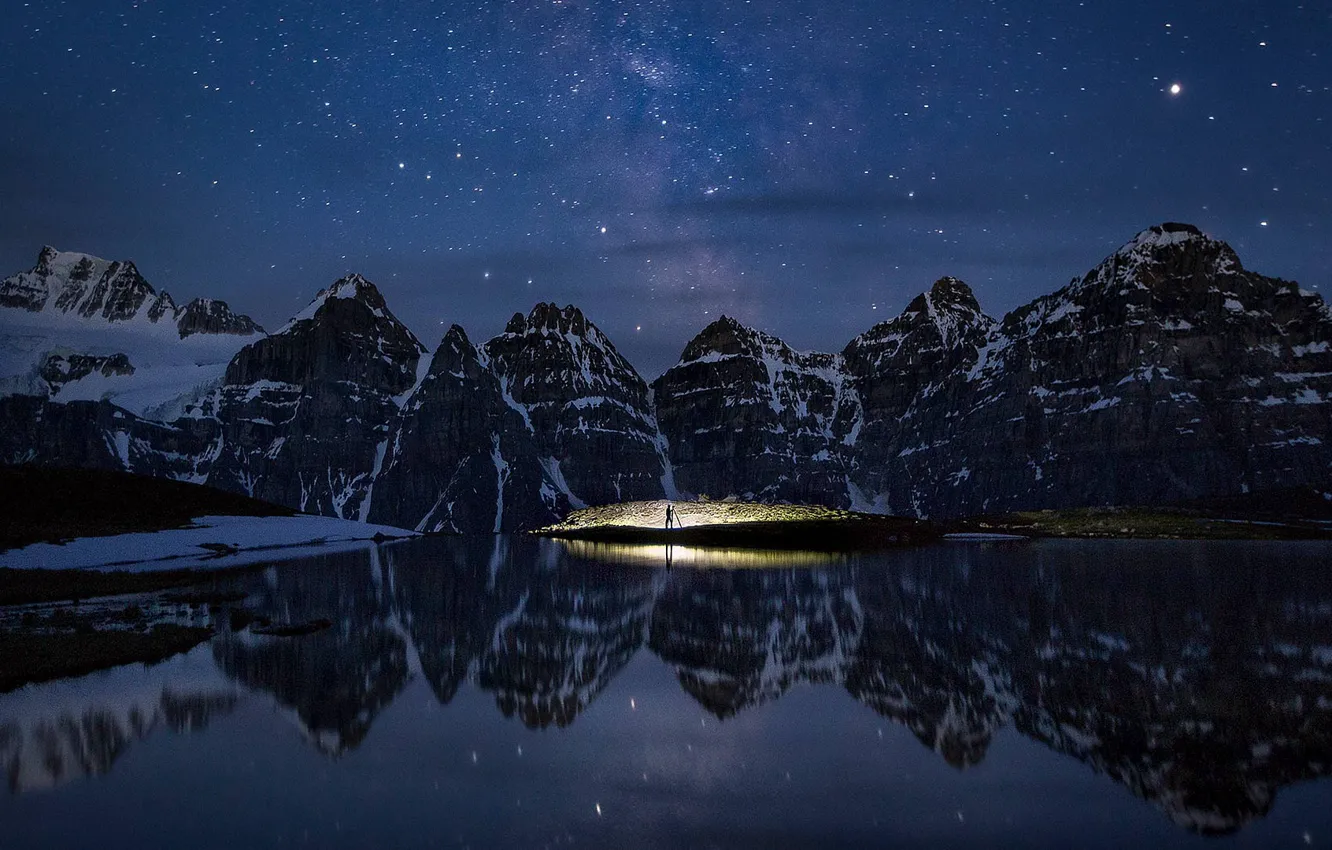 Photo wallpaper stars, mountains, night, Canada, Albert, Banff National Park, Minnestimma Lake