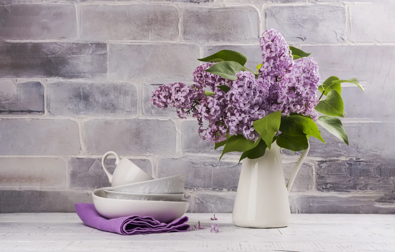 Photo wallpaper bouquet, dishes, pitcher, lilac, alouette2019