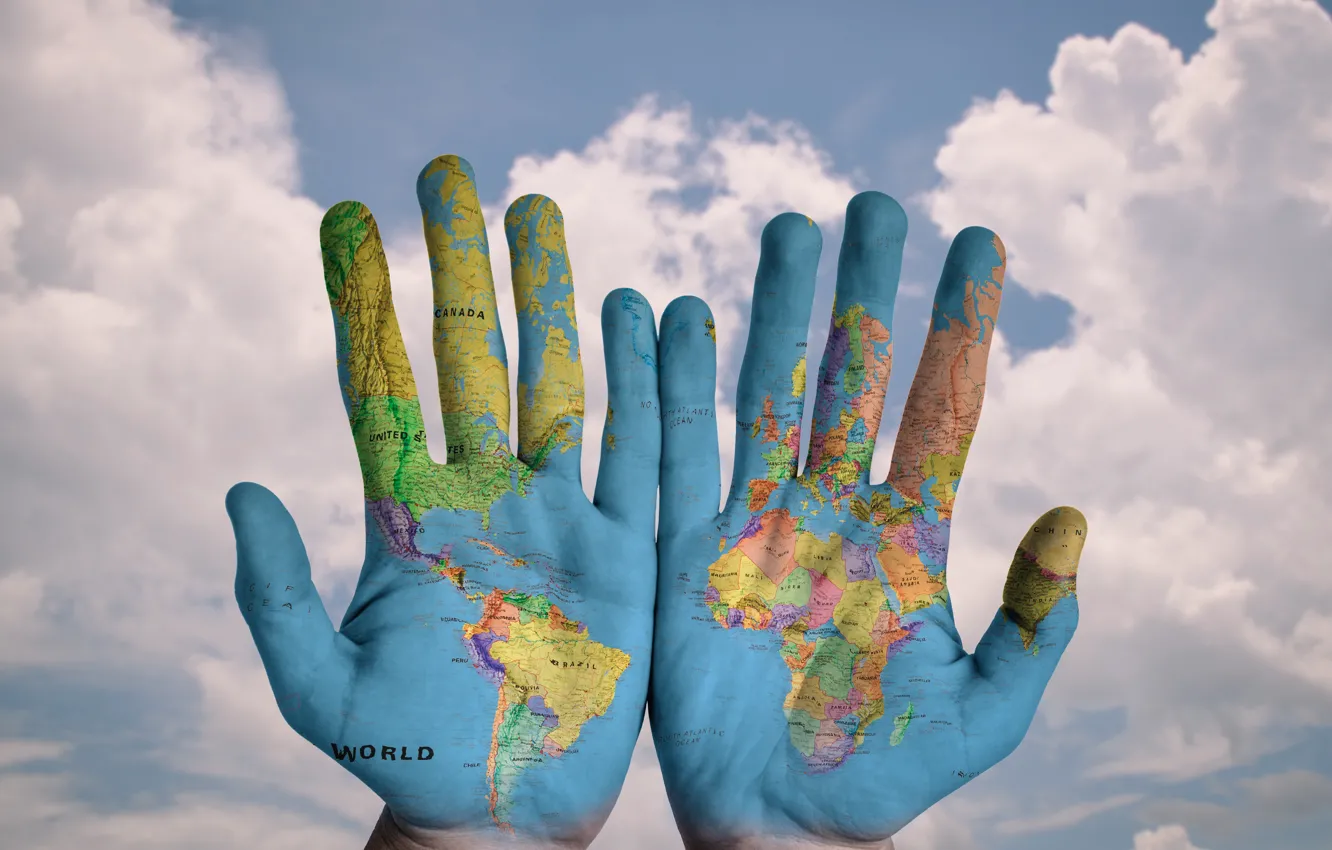 Photo wallpaper the world, world, map, hands, palm, hands