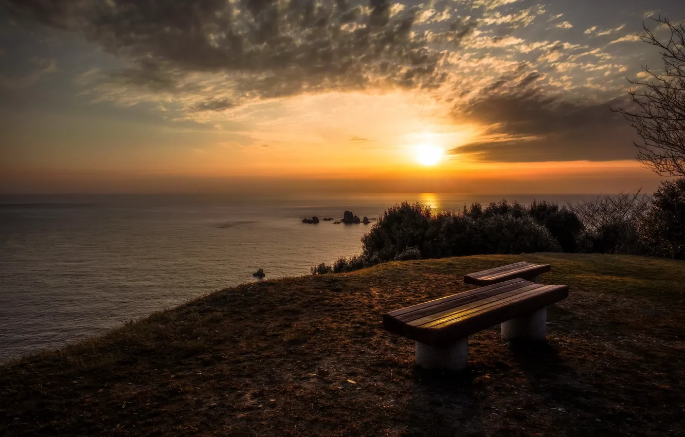 Photo wallpaper sea, sunset, shore, bench