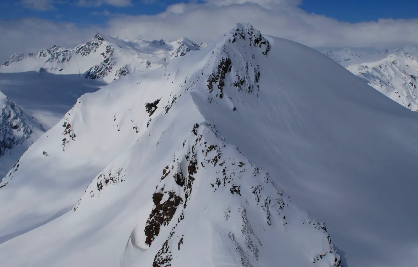 Photo wallpaper the sky, clouds, snow, mountains, tops, peak