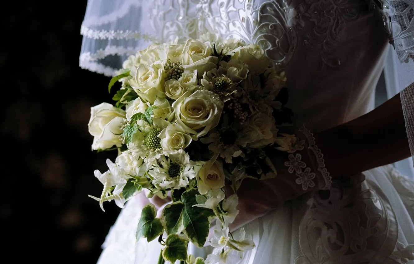 Photo wallpaper flowers, bouquet, dress, the bride, veil, wedding