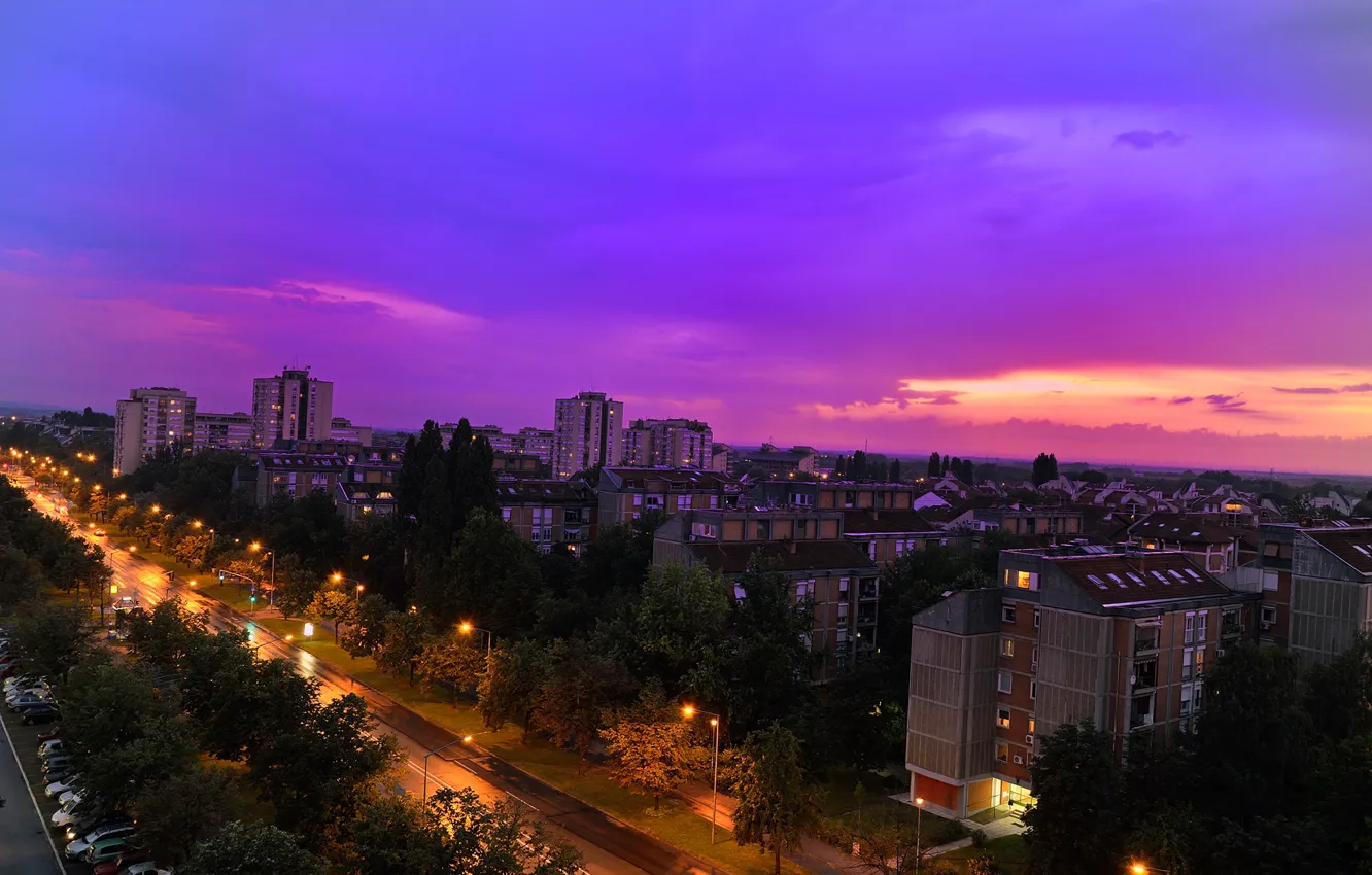 Photo wallpaper road, the sky, trees, sunset, lights, home, the evening, lights