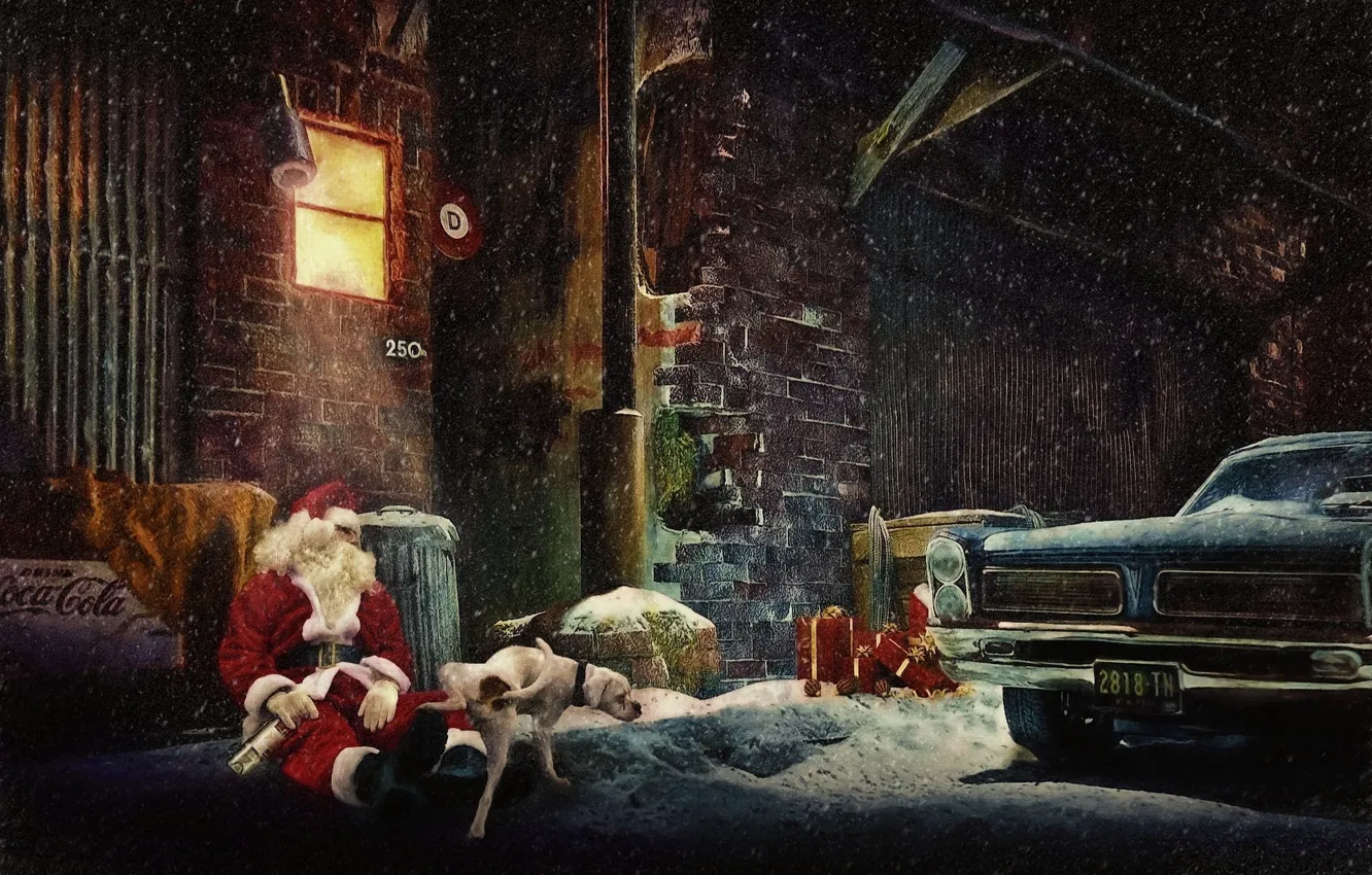 Photo wallpaper Dog, New year, Santa, Santa Claus, Mood