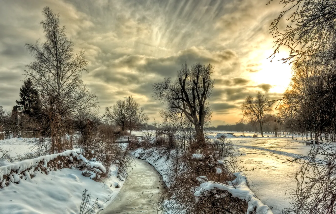 Photo wallpaper winter, the sky, clouds, snow, trees, landscape, sunset, nature