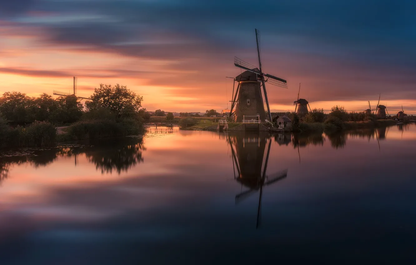 Photo wallpaper river, the evening, channel, Netherlands, windmills