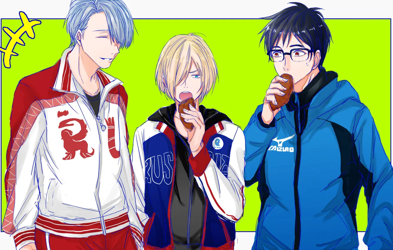 Photo wallpaper anime, art, guy, Yuri on the ice, Viktor Nikiforov, Yuri Katsuki, Yuri Plisetsky, Yuri On …