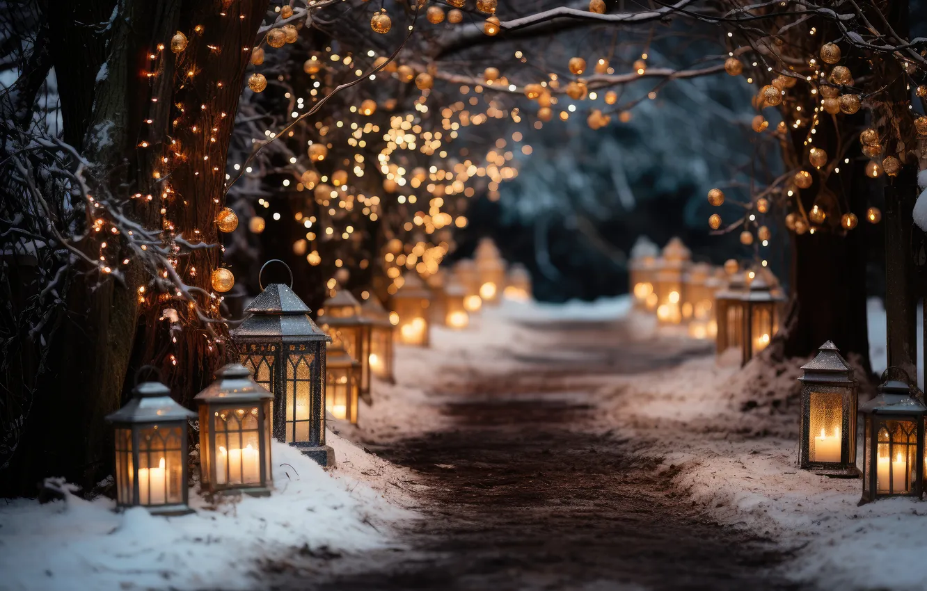 Photo wallpaper winter, snow, night, new year, Christmas, lights, Christmas, night