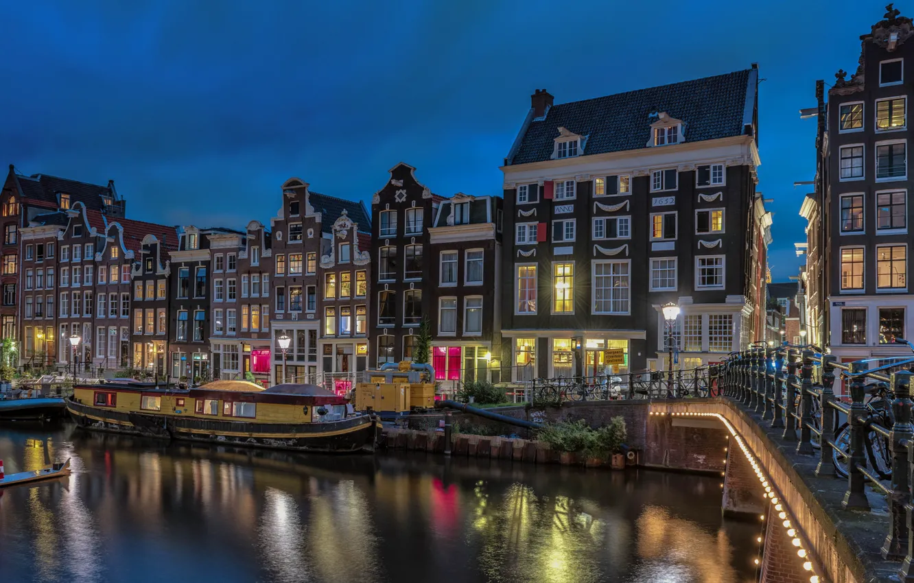 Photo wallpaper bridge, lights, river, the evening, Amsterdam, Netherlands, skyline, Amsterdam