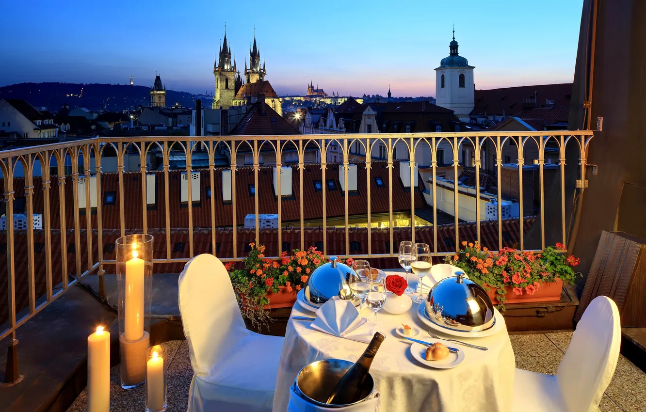 Photo wallpaper flowers, candles, balcony, Prague, table, Prague, The Czech Republic, dinner