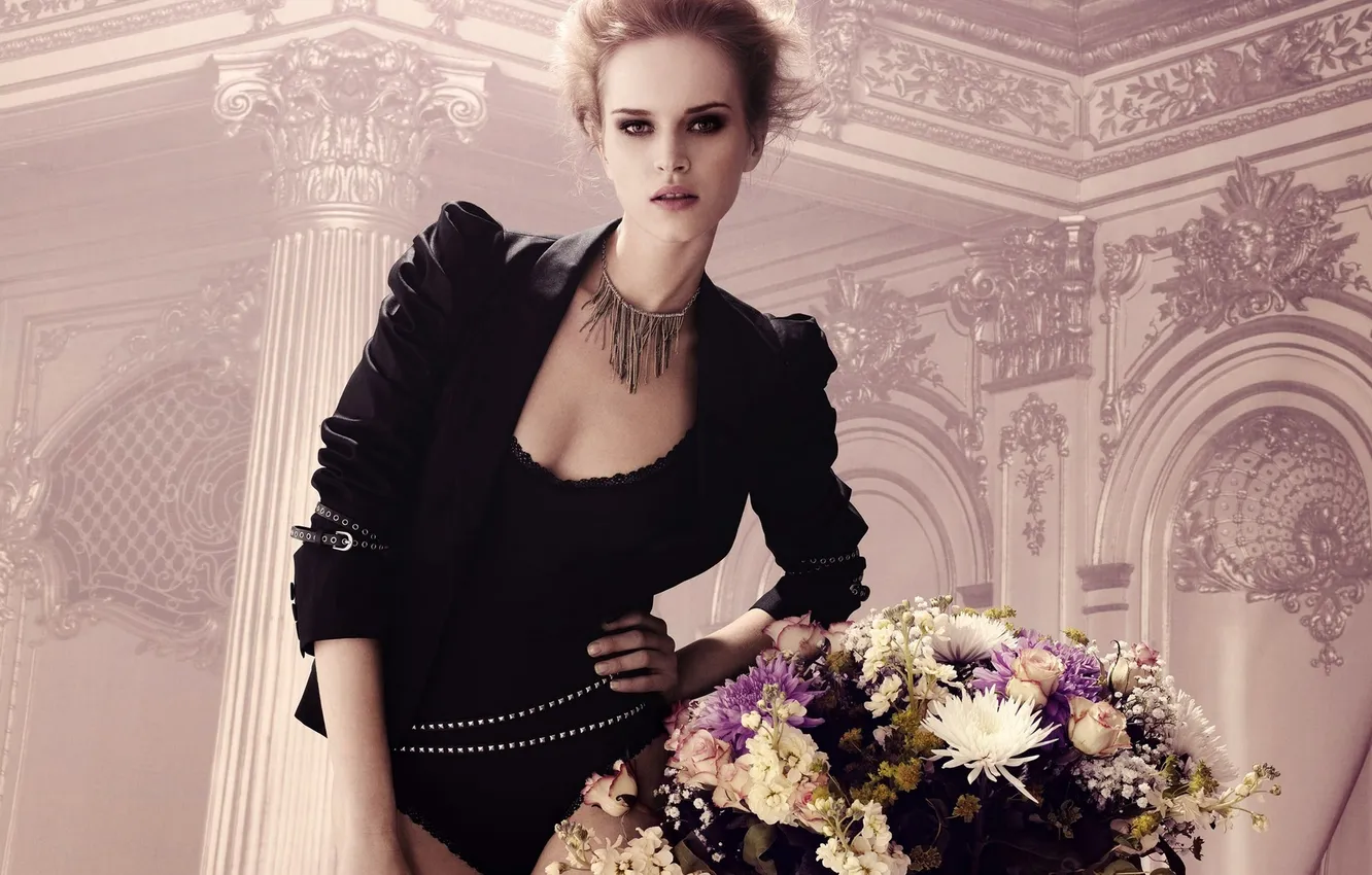 Photo wallpaper girl, model, a bouquet of flowers, vase with flowers, room vintage, beautiful black lingerie, standing, …