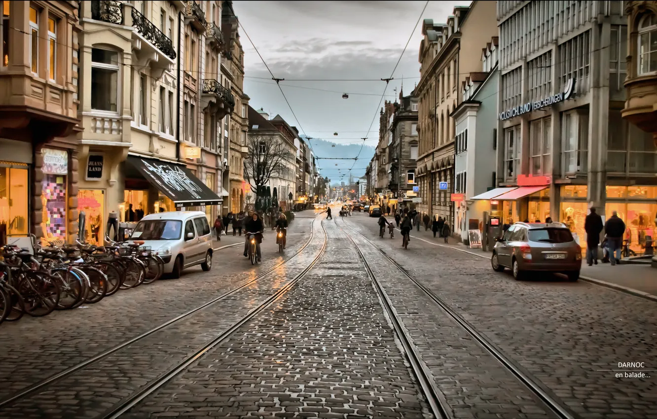 Photo wallpaper line, the city, street, the evening, tram