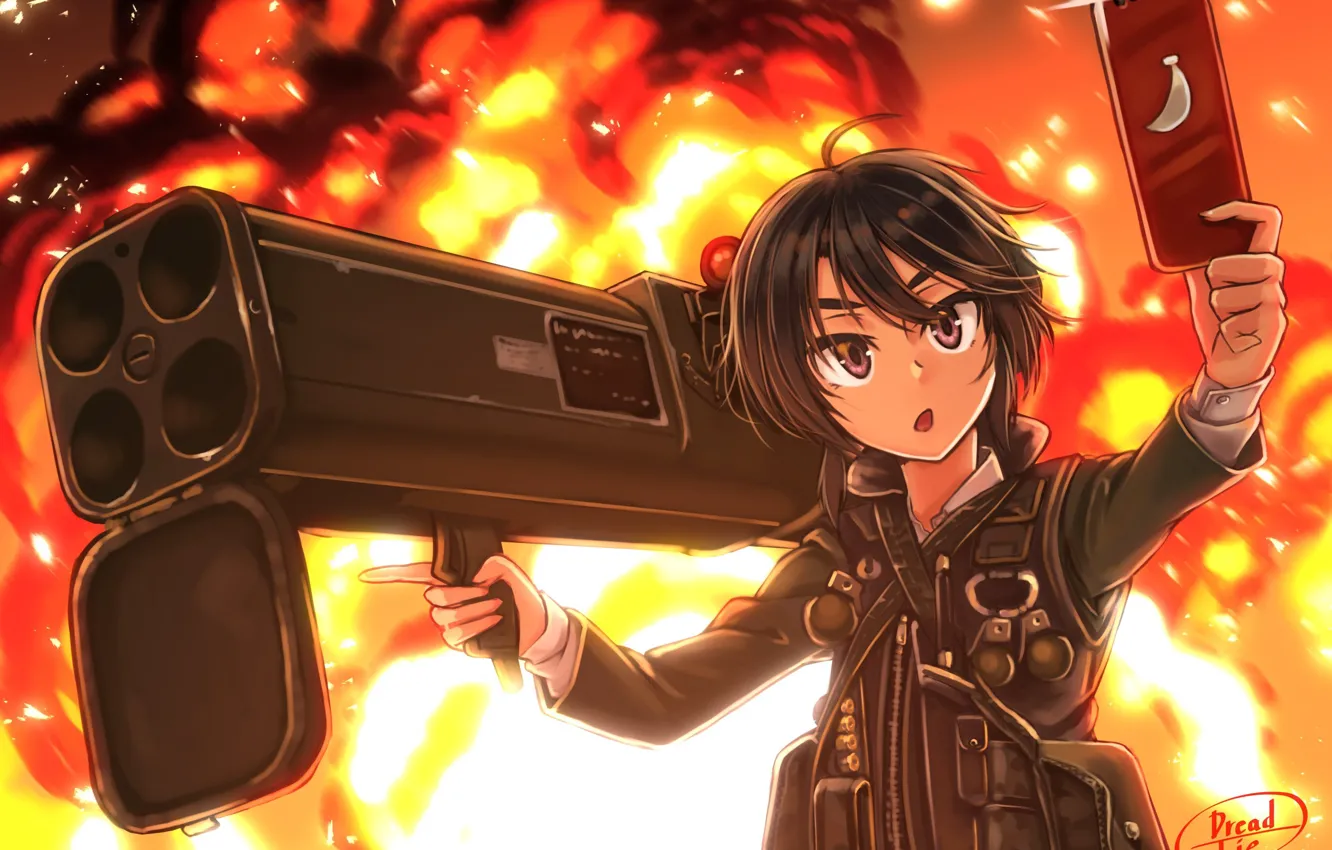 Photo wallpaper fire, flame, weapon, boy, smartphone, spark, Rocket Launcher, Flame Assault Shoulder Weapon
