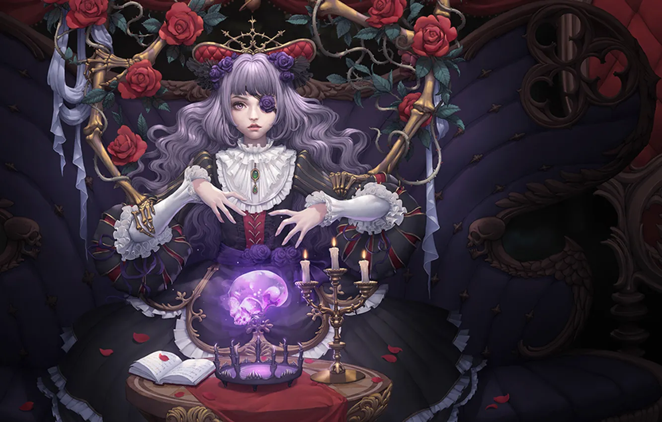 Photo wallpaper girl, skull, roses, candles, petals