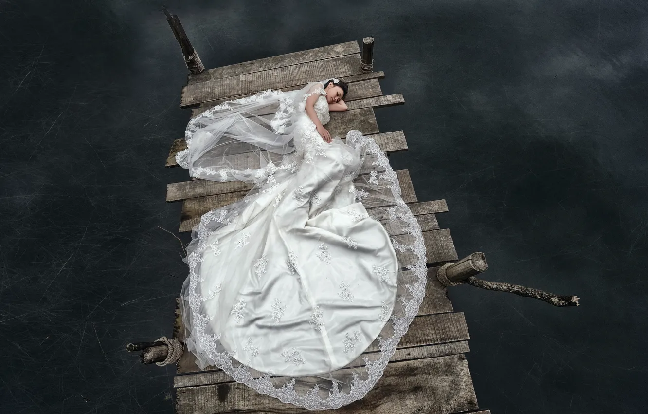 Photo wallpaper girl, bridge, lake