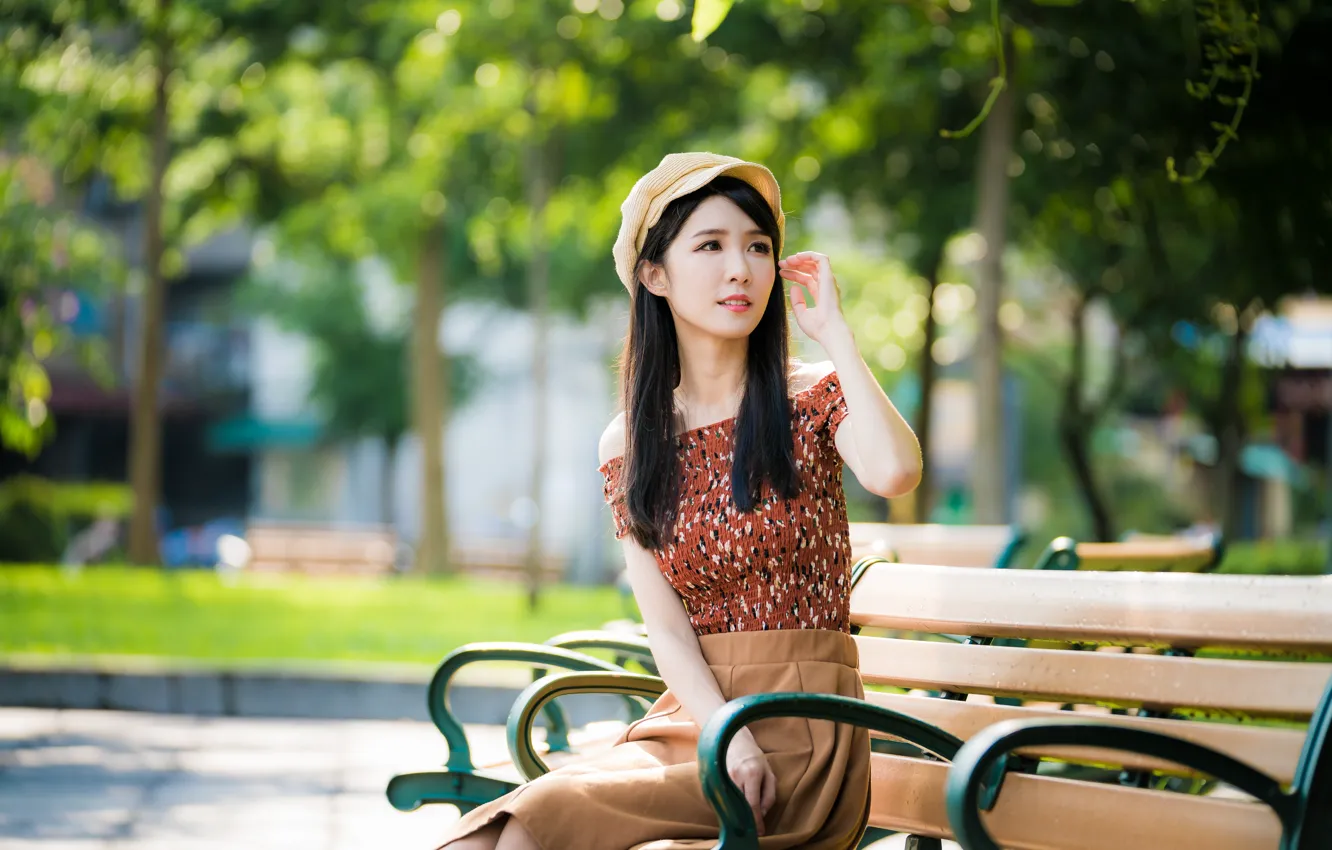 Photo wallpaper girl, Park, hair, cap, Asian, bench