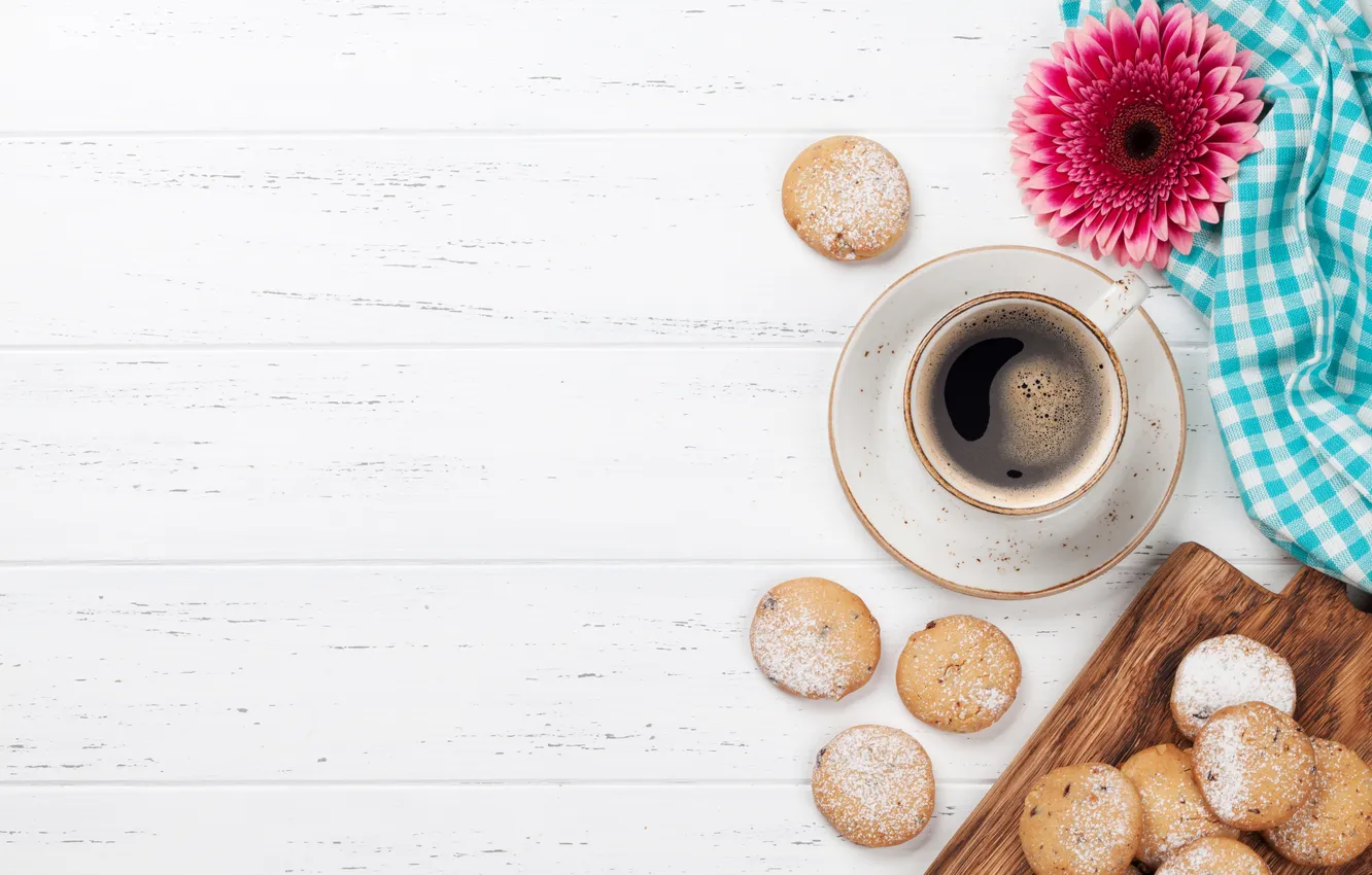 Photo wallpaper flowers, Breakfast, gerbera, wood, pink, flowers, coffee cup, breakfast