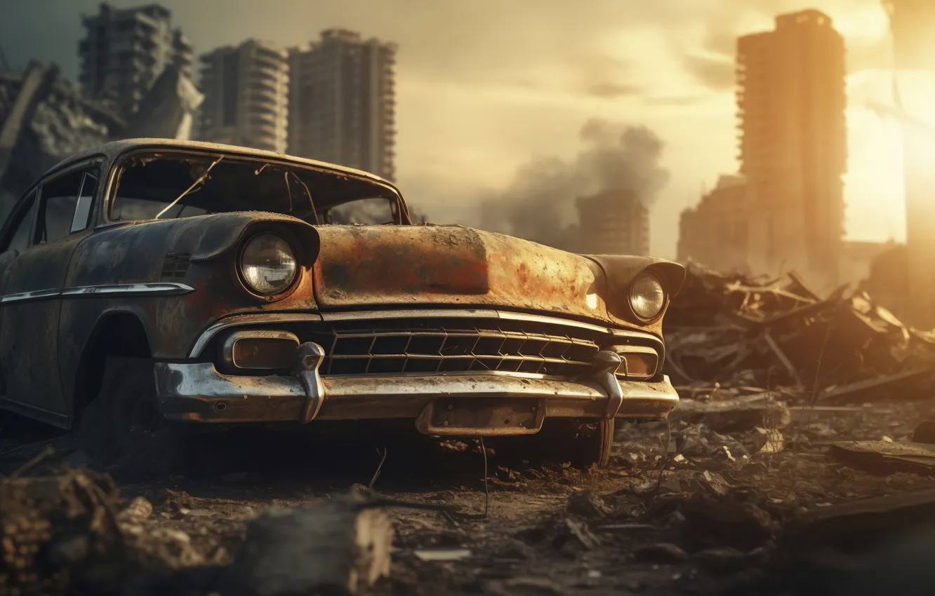 Photo wallpaper the city, home, destruction, car, digital art, AI art, The Art of Artificial Intelligence, War …