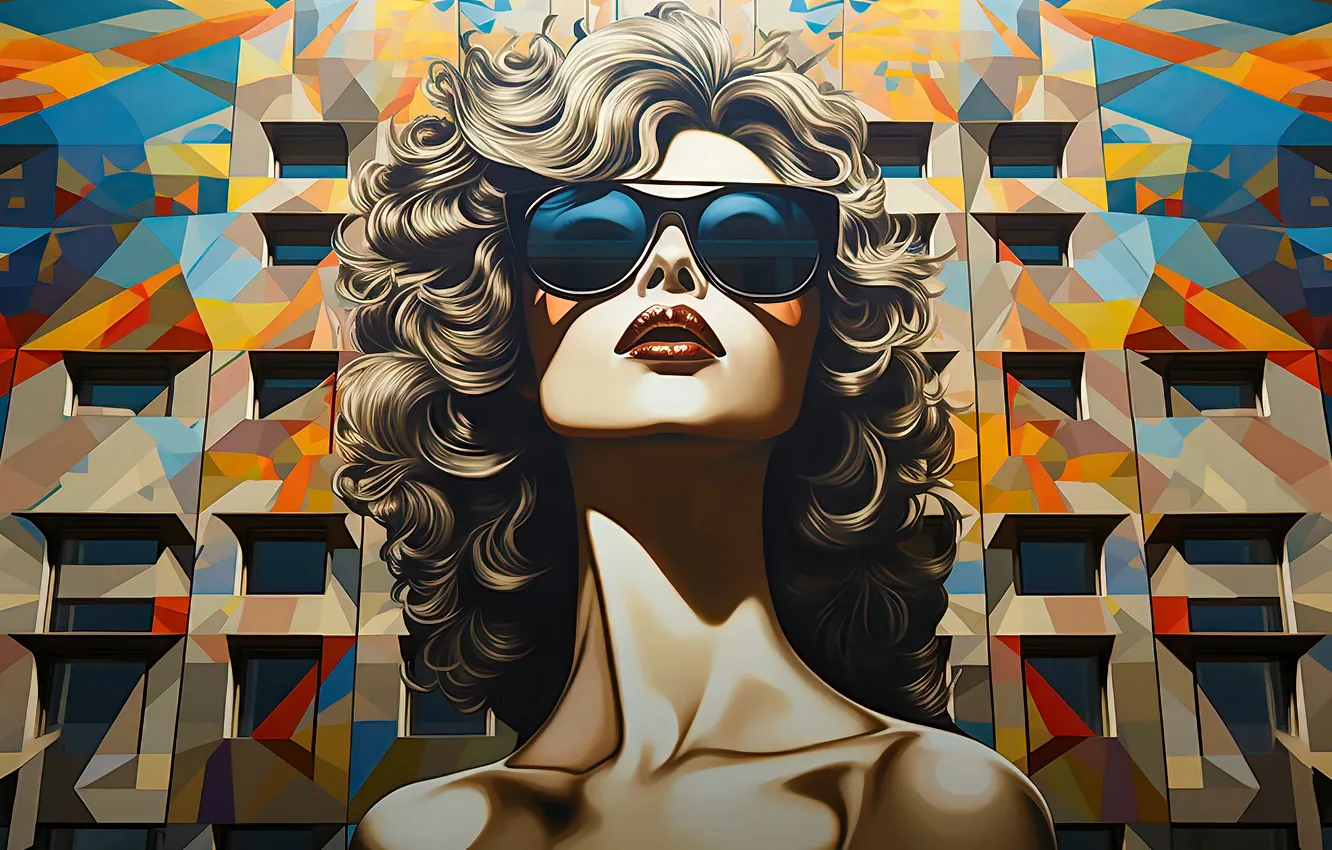 Photo wallpaper girl, abstraction, face, the city, graffiti, building, home, figure