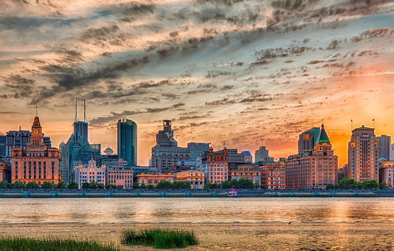 Photo wallpaper the sky, sunset, the city, river, HDR, home, China, Shanghai