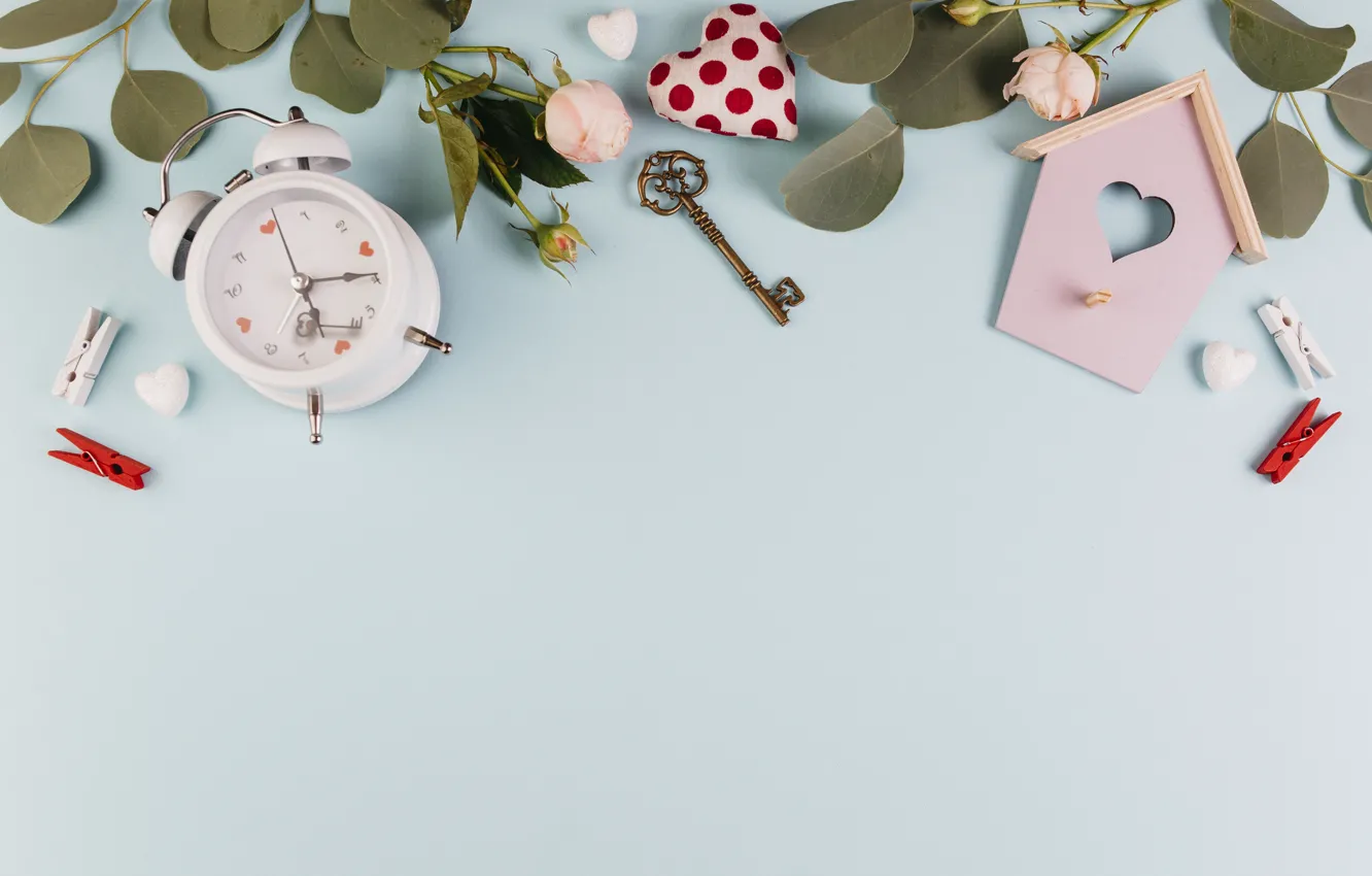 Photo wallpaper roses, alarm clock, house, decor, key