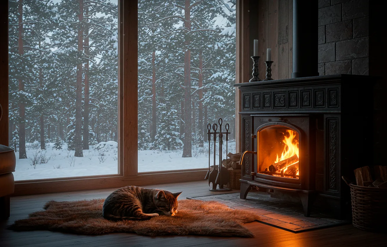 Photo wallpaper winter, forest, cat, window, art, wallpaper, fireplace, forest