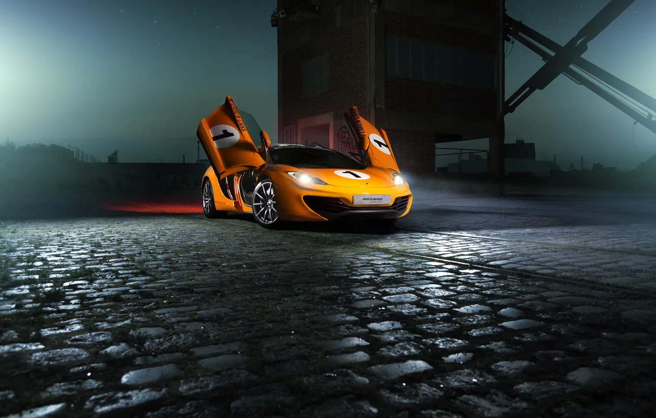 Photo wallpaper McLaren, Orange, Color, MP4-12C, Supercar, Ligth, Nigth, Beam