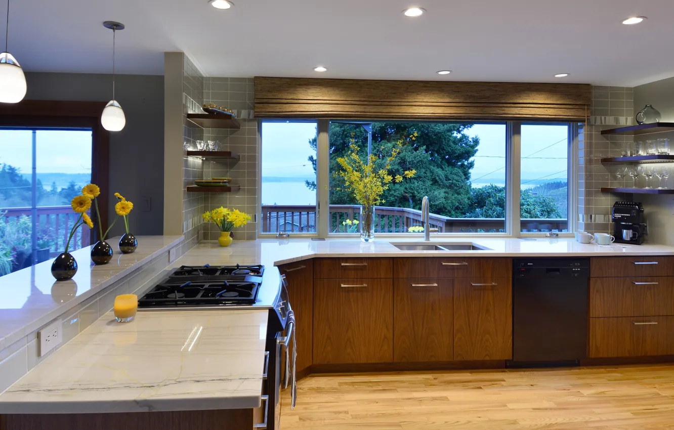 Photo wallpaper design, room, interior, kitchen, retro style, lake view, Mid-century modern kitchen, by Judith wright sentz