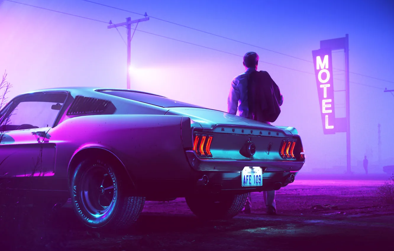 Photo wallpaper Mustang, Ford, Auto, Night, Neon, People, Machine, Background