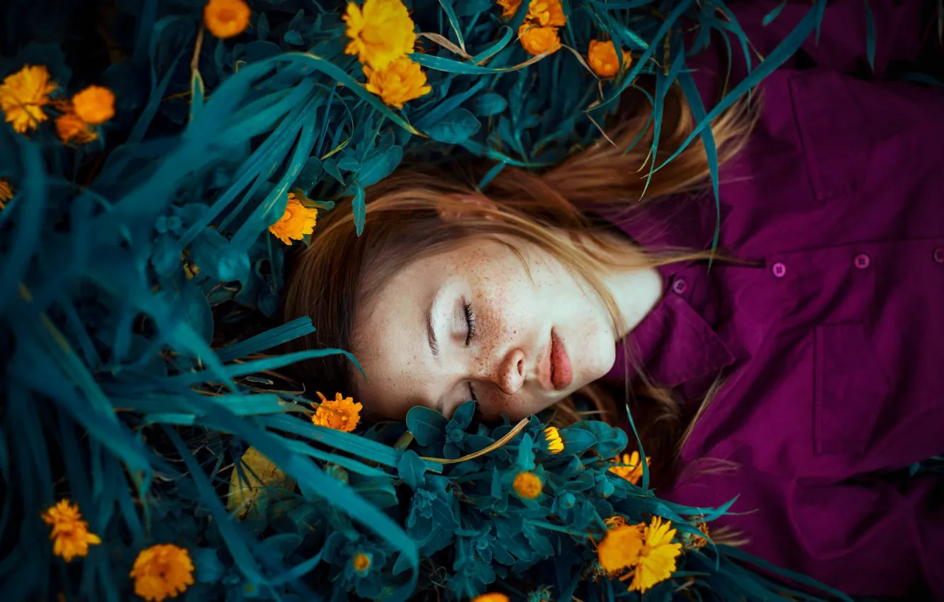 Photo wallpaper grass, girl, flowers, sleep, freckles, red, redhead, calendula