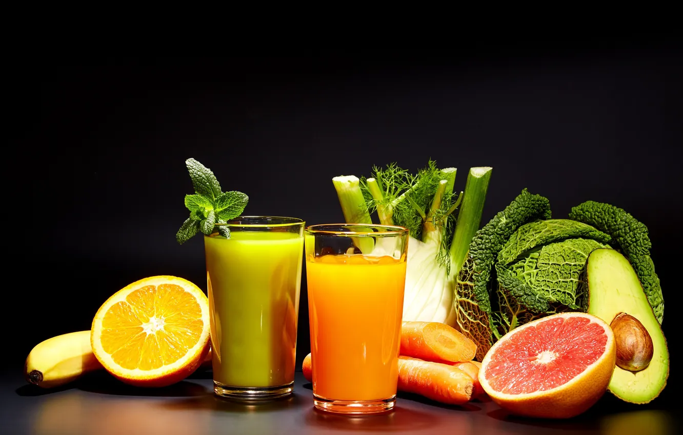 Photo wallpaper greens, orange, juice, citrus, cabbage, avocado