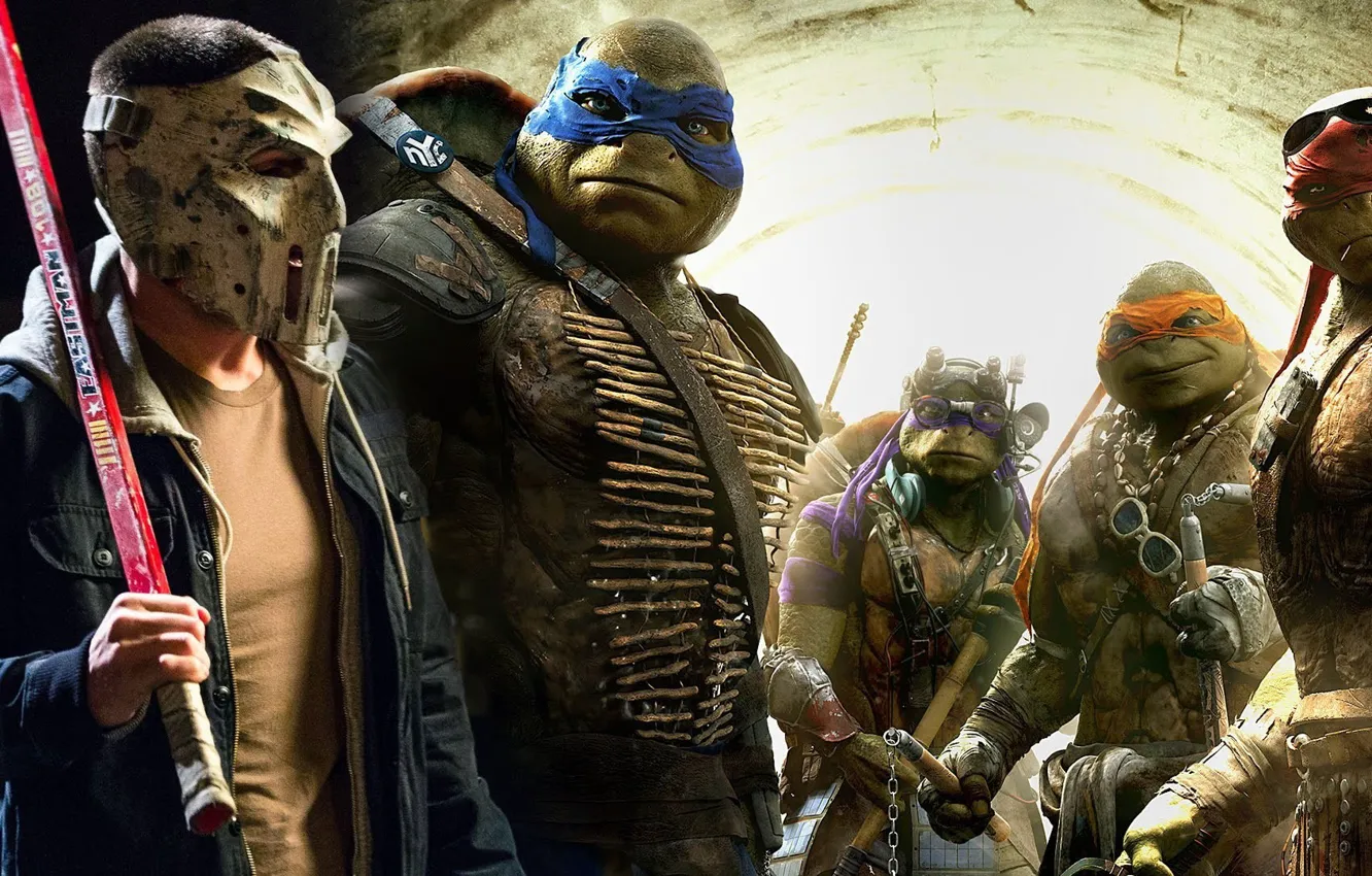Photo wallpaper cinema, Raphael, Leonardo, Donatello, movie, Teenage Mutant Ninja Turtles, Michelangelo, bat